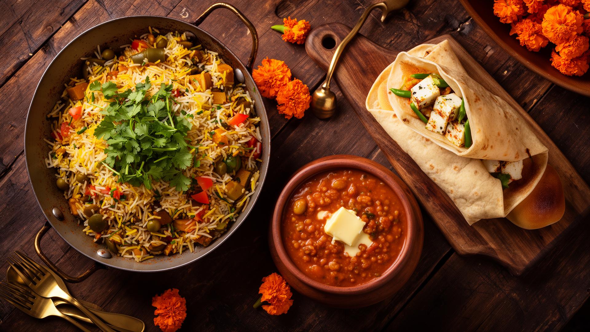 Spread of veg biryani, pav bhaji and paneer wrap
